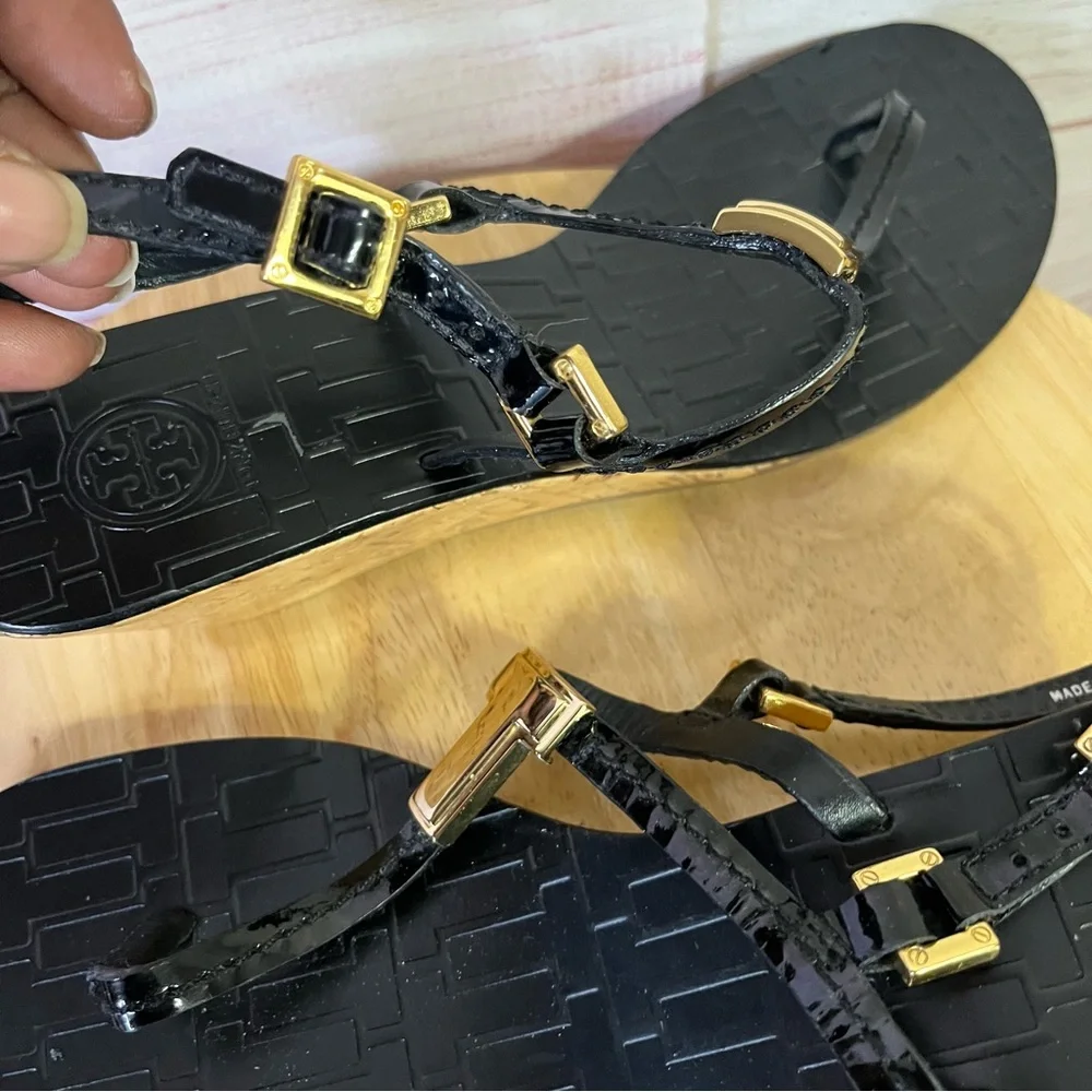 Tory Burch Black Ankle Strap Cork Wedge Sandal‎ Size 7 - Picture 9 of 13